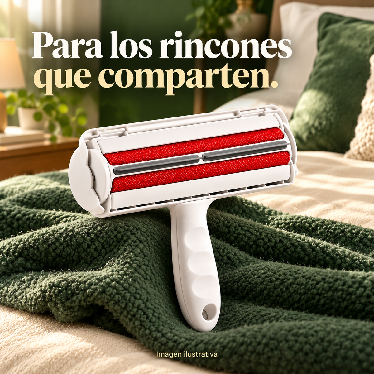 Imagen ilustrativa del quitapelos blanco y rojo sobre una cama con manta verde.