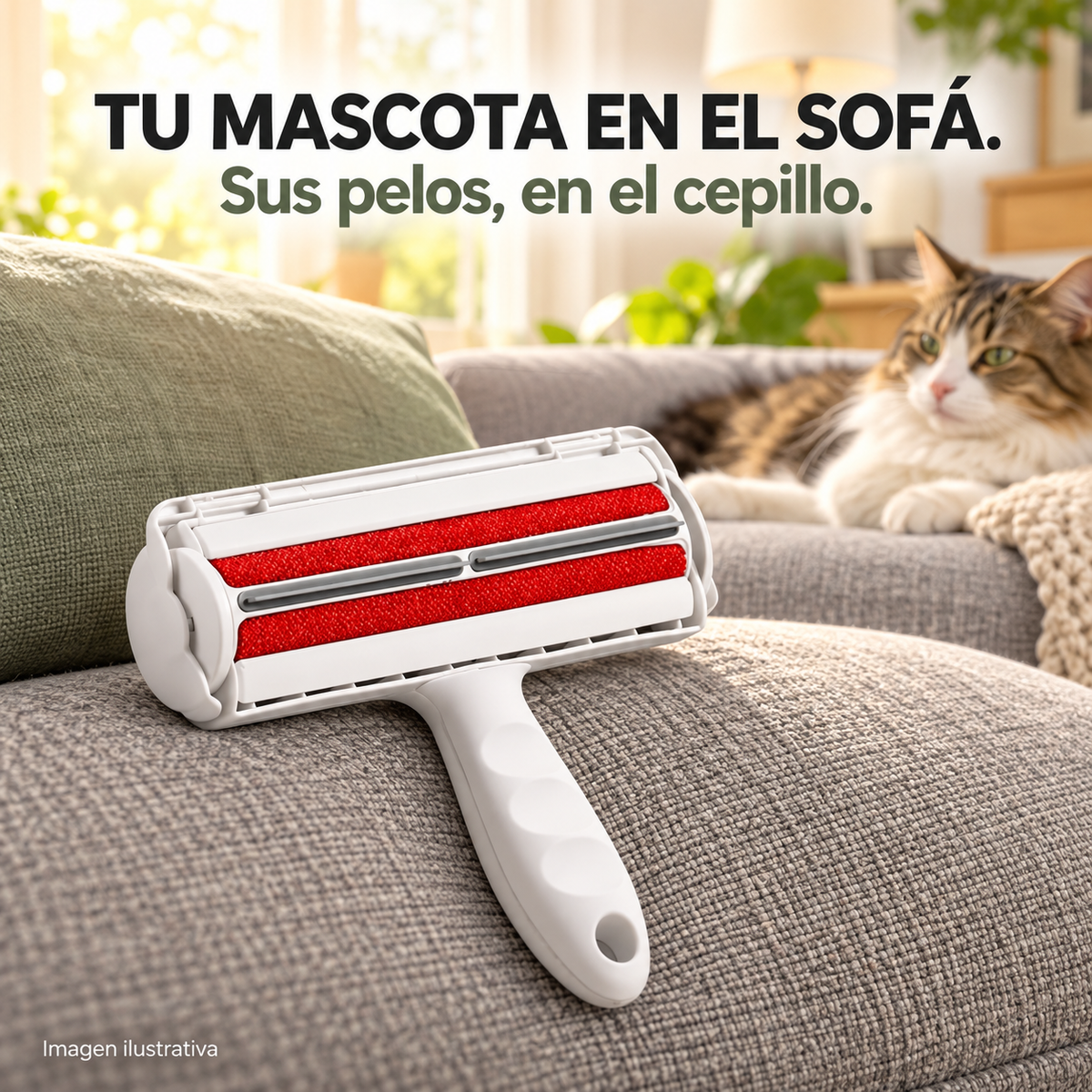 Imagen ilustrativa del quitapelos sobre un sofá con un gato al fondo.